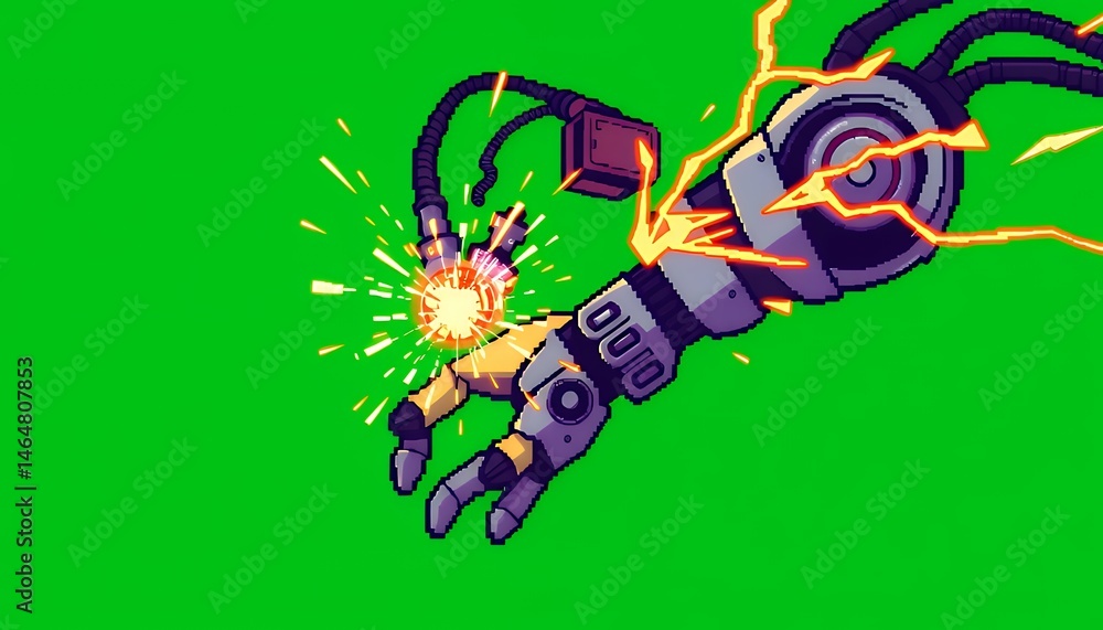 Poster pixel art style robotic arm with yellow lightning isolated on green screen background for vfx or gam