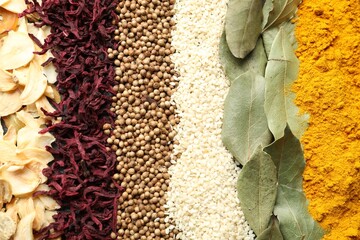 Many different spices as background, top view