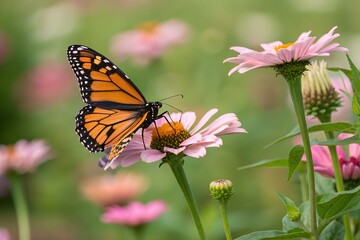 Naklejka premium Monarch Butterfly on Pink Flower