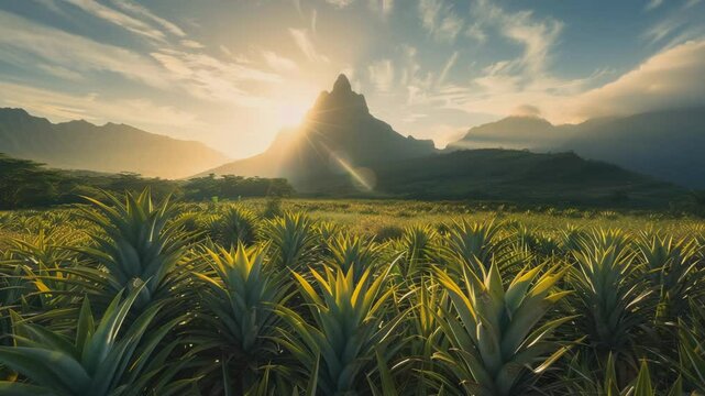 The golden rays of the rising sun bathe the pineapple plants, creating a striking contrast against the azure sky and the wisps of mist clinging to the air, Generative AI Videos.