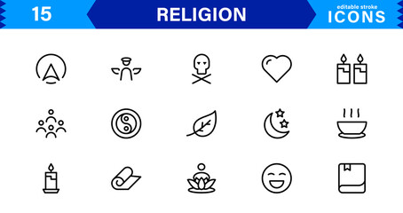 Modern Religion Icons Set. Vector Line Art Symbols for Faith, Belief, and Cultural Projects