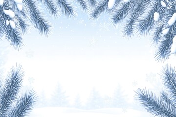 Obraz premium Winter scene with snow-covered branches framing a blank space. Light blue background, snow, and pine trees
