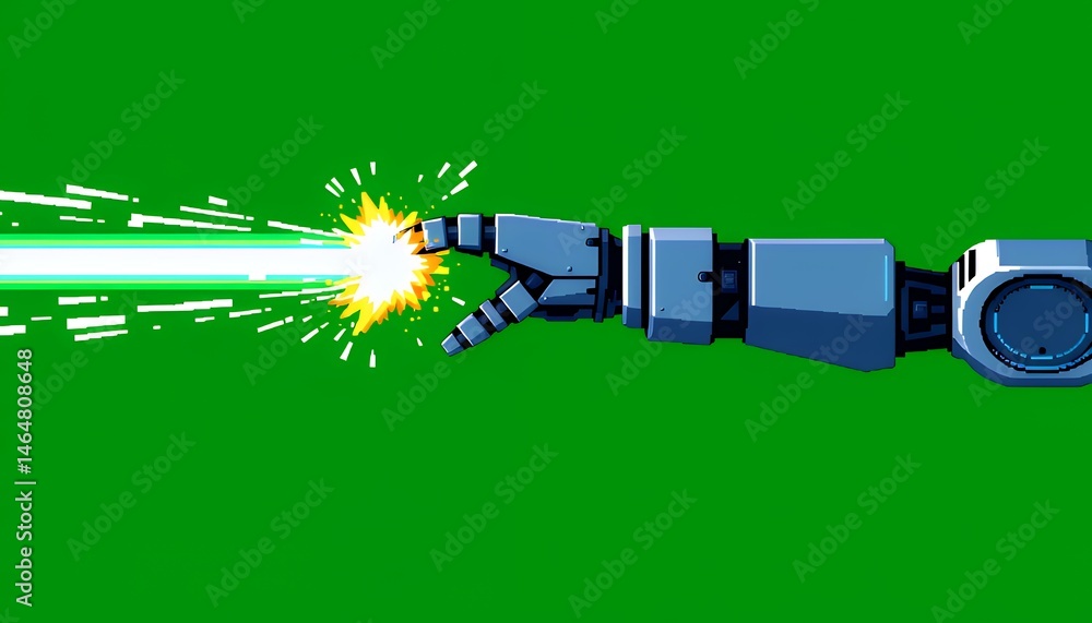 Poster side view robot arm emitting green laser beam and sparks isolated on green screen background for vis