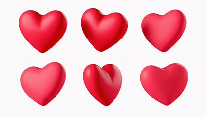 The image shows six 3D rendered red hearts against a plain white background. 