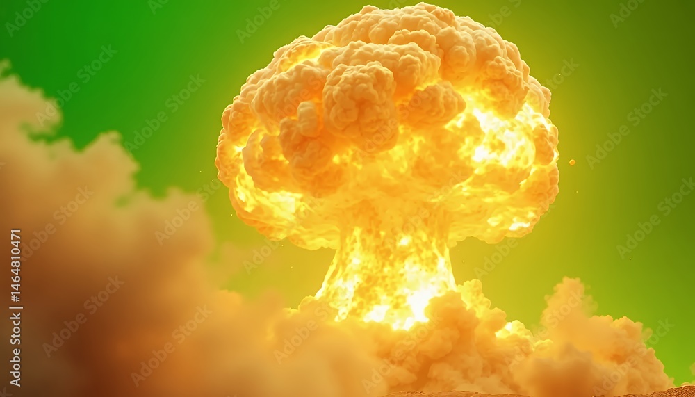 Poster dramatic atomic explosion mushroom cloud with intense flames and smoke isolated on green screen back