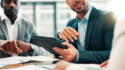 Meeting, office and hands of business people with tablet for online project, collaboration and...