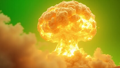 Dramatic Atomic Explosion Mushroom Cloud with Intense Flames and Smoke Isolated on Green Screen Background for Visual Effects and Compositing Use