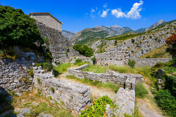 Fototapeta premium Stari grad Bar (Old Town of Bar), the ruins of an ancient walled city at the foot of Mount Rumija in Montenegro - It was successively part of the Byzantine, Venetian and Ottoman empires