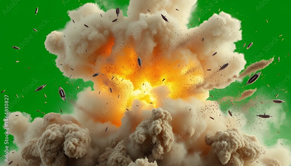 Poster explosive fireball erupts amidst smoke and debris isolated on green screen background ideal for vfx 