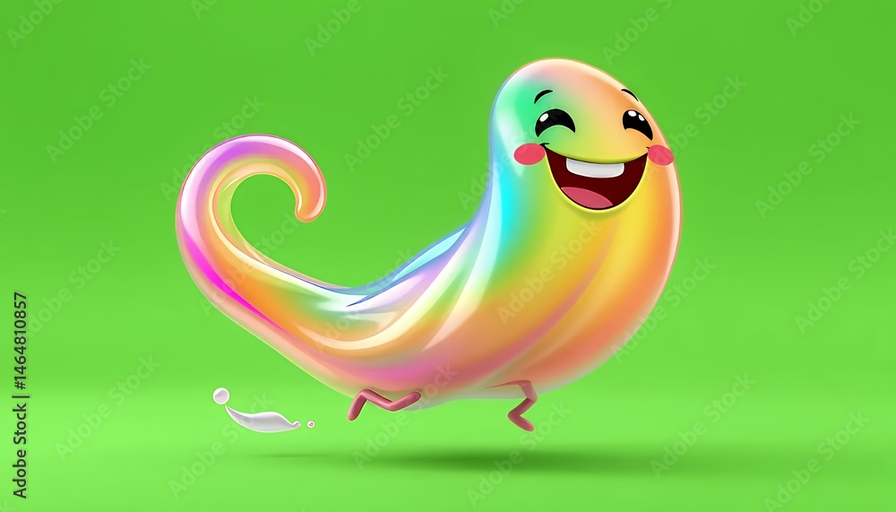 Poster iridescent cartoon character with smiling face in full shot on green screen background perfect for a
