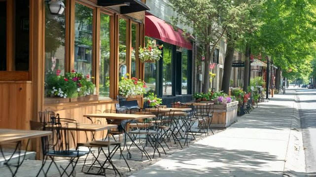 A sidewalk with a row of tables and chairs outside of a restaurant. The tables are empty and the chairs are lined up