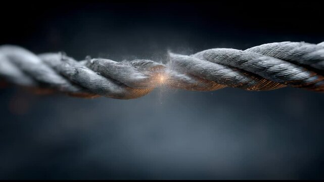 Thick worn rope strands pulling apart with glowing spark at breaking point against moody dark background. Concept of stress, tension and breaking limits