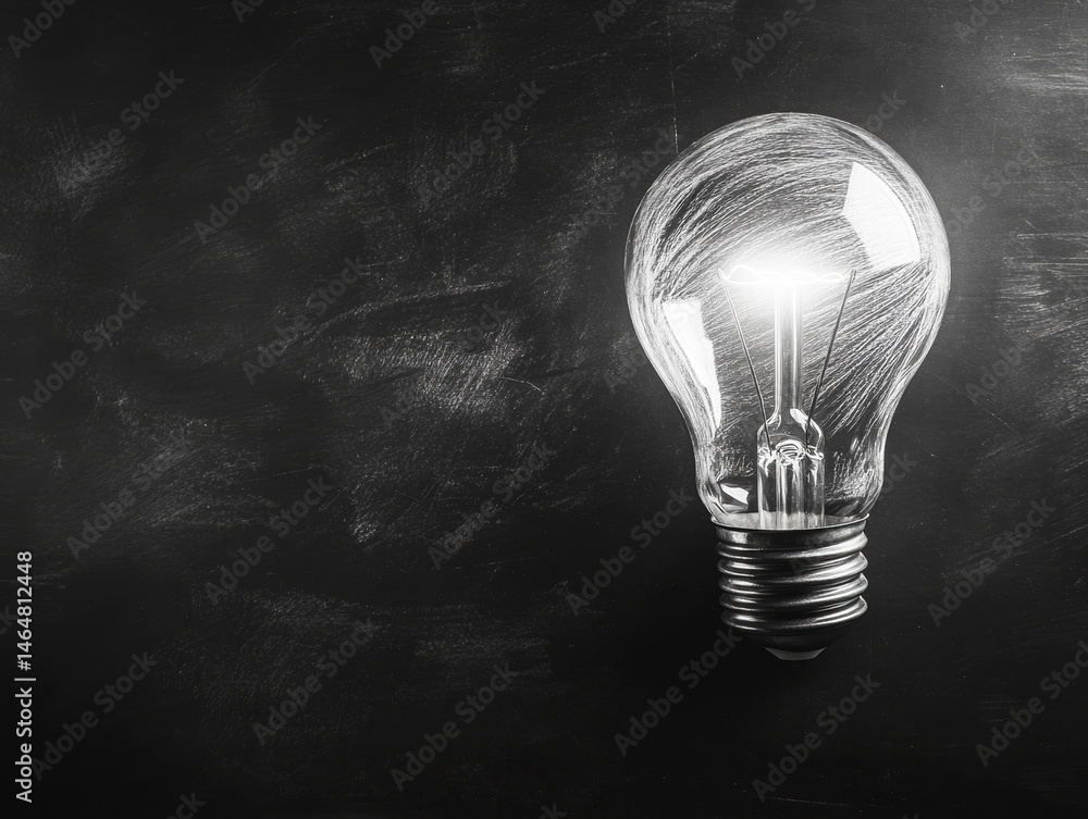 Poster bright light bulb illuminated on a dark background creating contrast
