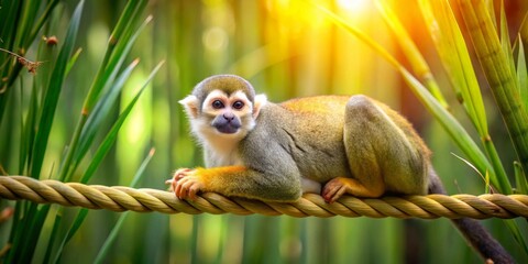 Obraz premium A common squirrel monkey rests on a thick rope, basking in the warm sunlight filtering through lush green foliage.