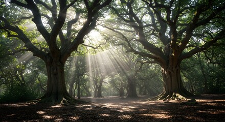 Fototapeta premium Sunlit forest scene with large trees and dappled light illuminating the landscape