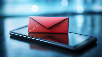 A red envelope rests on a smartphone screen against a blurred background.