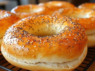 Freshly baked bagels on a cooling rack with poppy seeds and sesame seeds