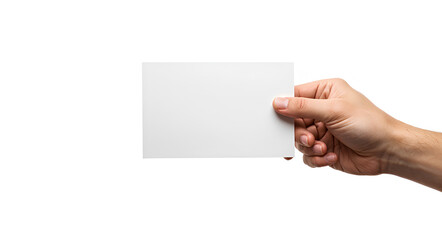 Fototapeta premium Hand Holding Blank White Paper Card Mockup on White Background for Finance, Banking, and Investment Ad