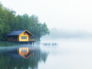Fototapeta premium Tranquil wooden cabin by calm lake surrounded by misty forest at dawn