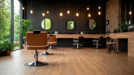 A chic, modern hair salon features stylish chairs and warm lighting, creating an inviting atmosphere for clients seeking a relaxing and rejuvenating hair care experience.