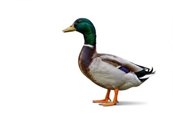 Obraz premium A majestic mallard duck with vivid plumage stands elegantly on a plain backdrop