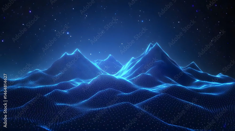Poster abstract digital mountains range landscape with glowing light dots against a technology blue backgro