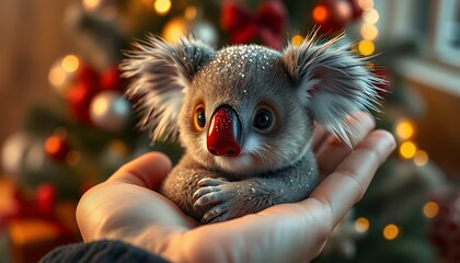 Fototapeta premium Adorable Gray Koala with Red Nose and Snow Held in Hand with Blurry Christmas Tree Backdrop Perfect for Festive Holiday Season Decoration