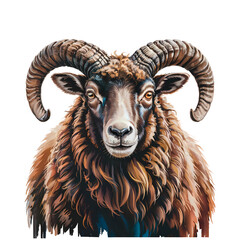 A vibrant digital painting showcases a majestic male muoflon sheep, transparent background, png
