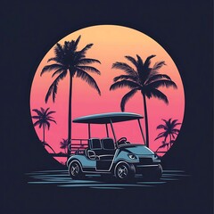 An illustration of a golf cart icon, placed against a backdrop of tall palm trees
