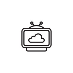 Naklejka premium A black and white icon of an old-fashioned television displaying a cloud symbol on its screen, suggesting cloud-based content or streaming services.