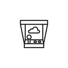 A black and white icon of a claw machine arcade game. Inside, there's a cloud symbol, a joystick, and two buttons, suggesting a game with a prize related to the cloud or weather.