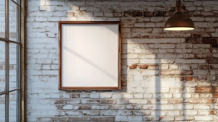 A picture frame hanging on a brick wall, industrial style