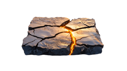 Cracked earth block with glowing orange light emanating from the fissures on transparent background