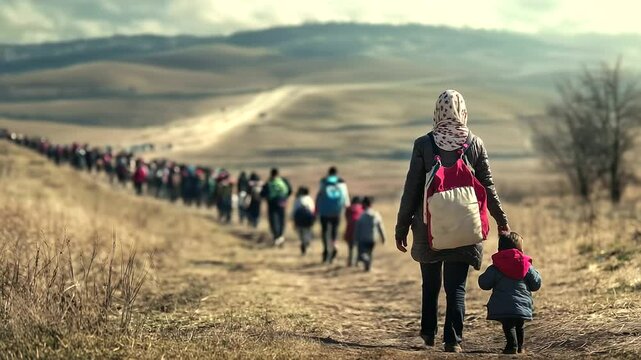Back shot of refugees walking in an endless line, a woman and child in the foreground, as they head toward a distant border crossing, symbolizing the journey of asylum seekers