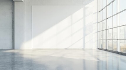 Obraz premium Modern minimalist empty room with large white wall and city view home space clean light floor urban