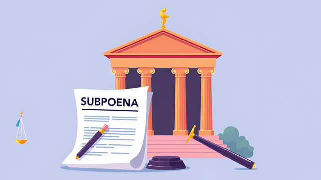 A vibrant illustration of a subpoena with legal papers and a courthouse, isolated on a clean background with room for text