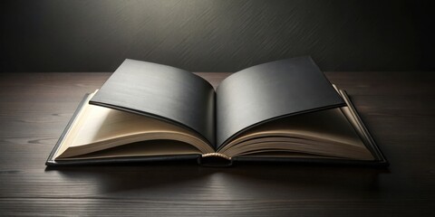 An open book with dark cover rests on a wooden surface, illuminated by a soft light, suggesting a moment of quiet contemplation and the untold stories within.