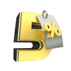 3d render 5 percentage font gold