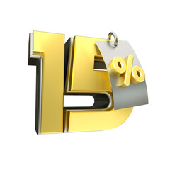 3d render 15 percentage font gold