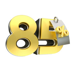 3d render 85 percentage font gold