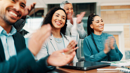 Clapping hands, meeting and business people in office with achievement, presentation or target....