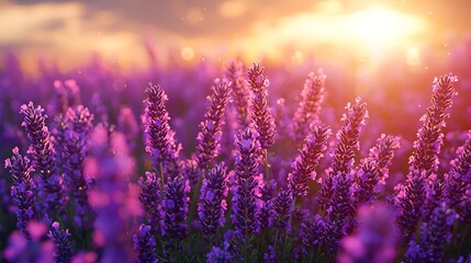 Fototapeta premium Vibrant lavender field at sunset, sunlit blooms.