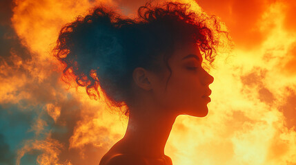 Silhouette of a woman standing tall against the sky, exuding strength, confidence, and independence. Symbolizes empowerment, resilience, and high self-esteem in a powerful visual of feminine pride.

