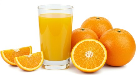 Freshly squeezed orange juice and oranges on a white background.