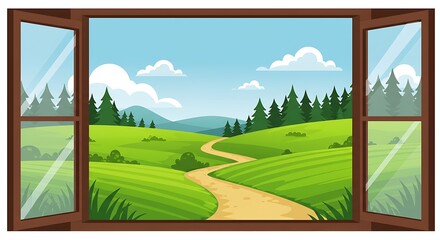 Viewing Rolling Green Landscape Through Open Window Frame