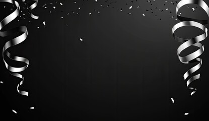 Silver streamers, confetti on black