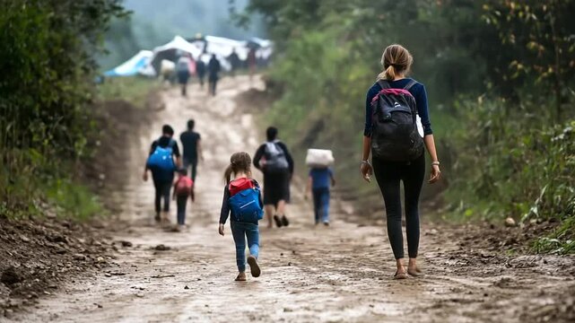 Close-up rear view of a woman and child walking along a dusty path towards a makeshift refugee shelter, with other displaced people trudging along, showing the collective human str