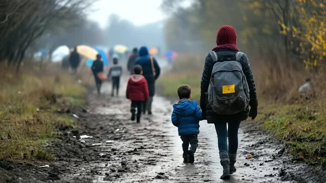 Close-up rear view of a woman and child walking along a dusty path towards a makeshift refugee shelter, with other displaced people trudging along, showing the collective human str
