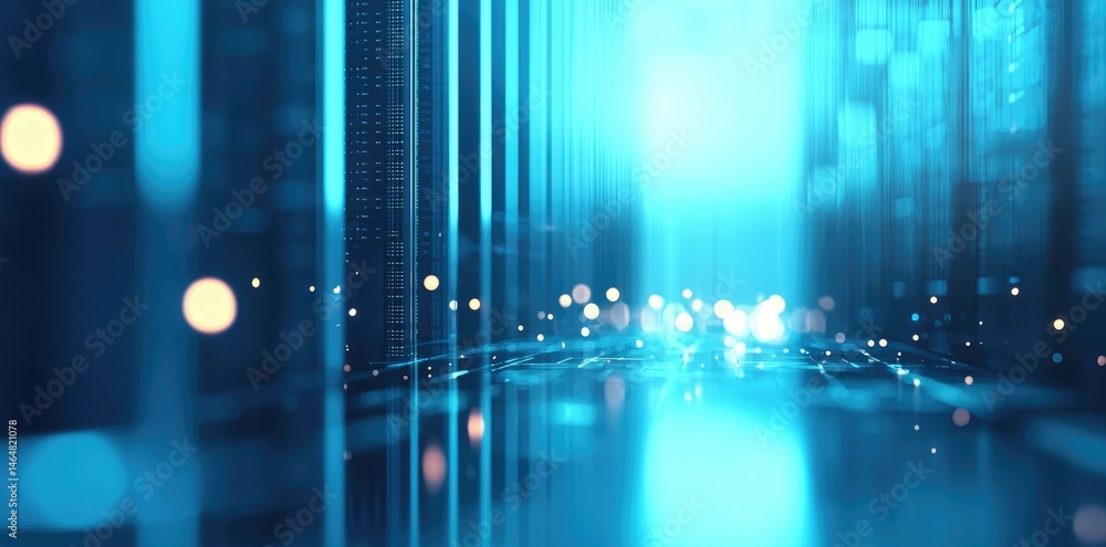Poster Stylized abstract data server concept with blue glow and bokeh lights, excellent for futuristic IT, virtual networks, or digital communication themes