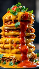 Obraz premium High Angle Shot of Stacked Quesadillas with Dripping Cheese and Red Sauce Garnished with Fresh Cilantro in Blurred Background Perfect for Restaurant Menu and Culinary Blog